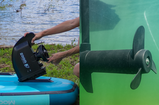 Side-by-side comparison of motorized SUP attachments. The left image shows a person installing an electric fin motor onto a paddleboard near a lake. The right image displays an underwater view of a trolling motor’s propeller submerged in greenish water.