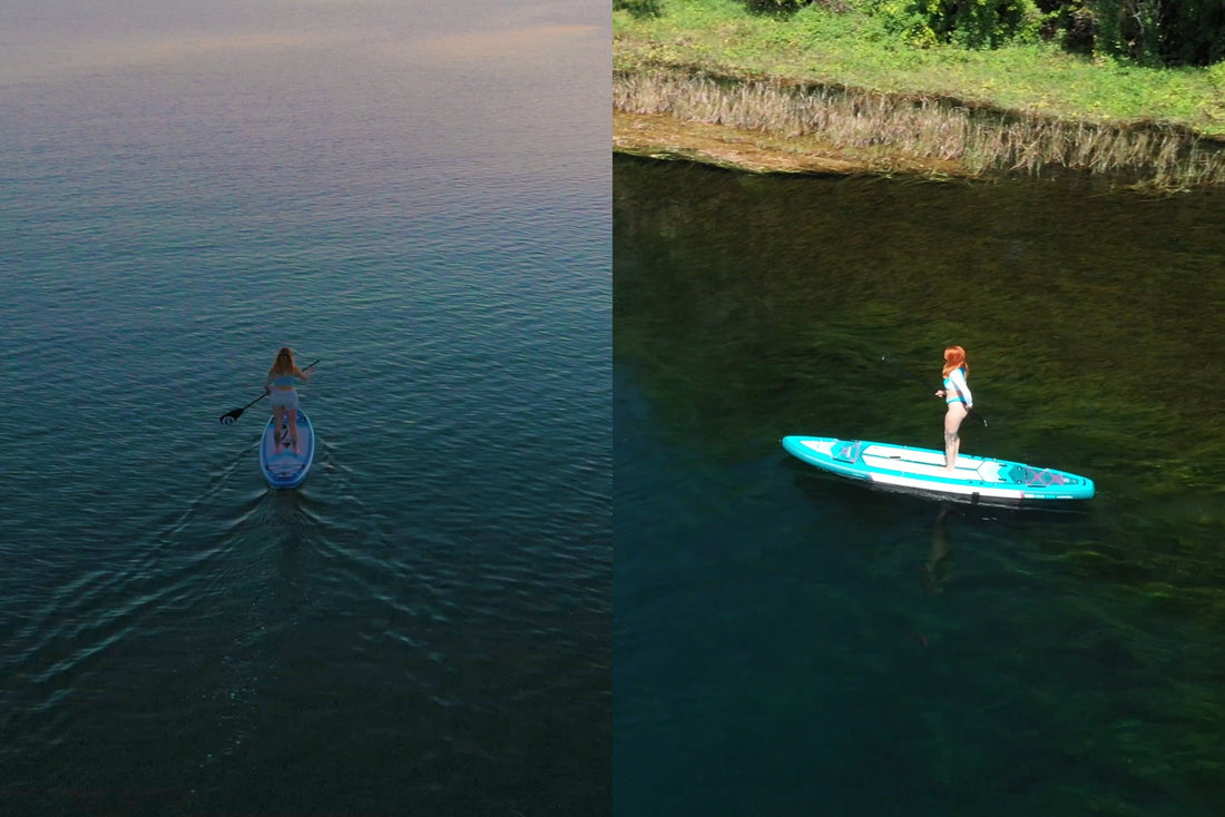 Paddle boarder gliding over calm lake water with mountains in background, contrasted with ocean paddle boarding scene featuring waves and open sea